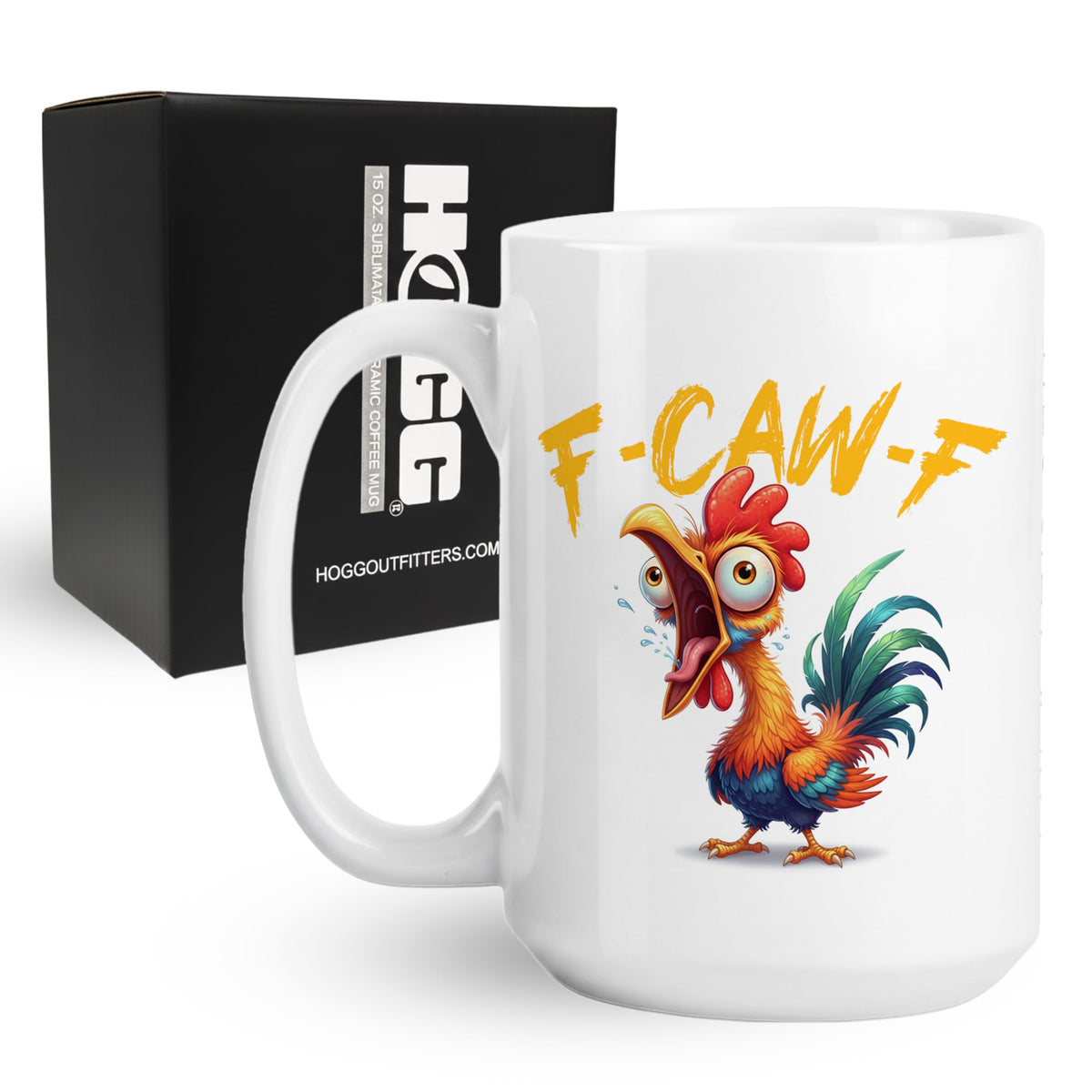 Hogg F-Caw-F mug front view showing bold design and 15 oz capacity