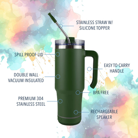 Hogg Grippy Tumbler Hunter Green with handle for easy carrying and travel.