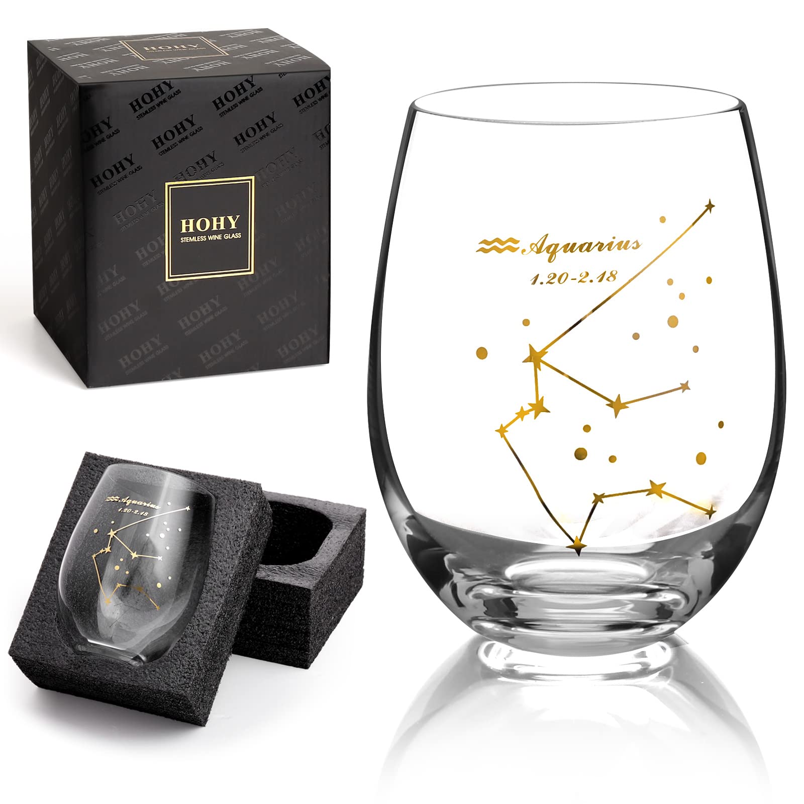 HOHY Aquarius constellation design on 20oz stemless wine glass for stylish entertaining.