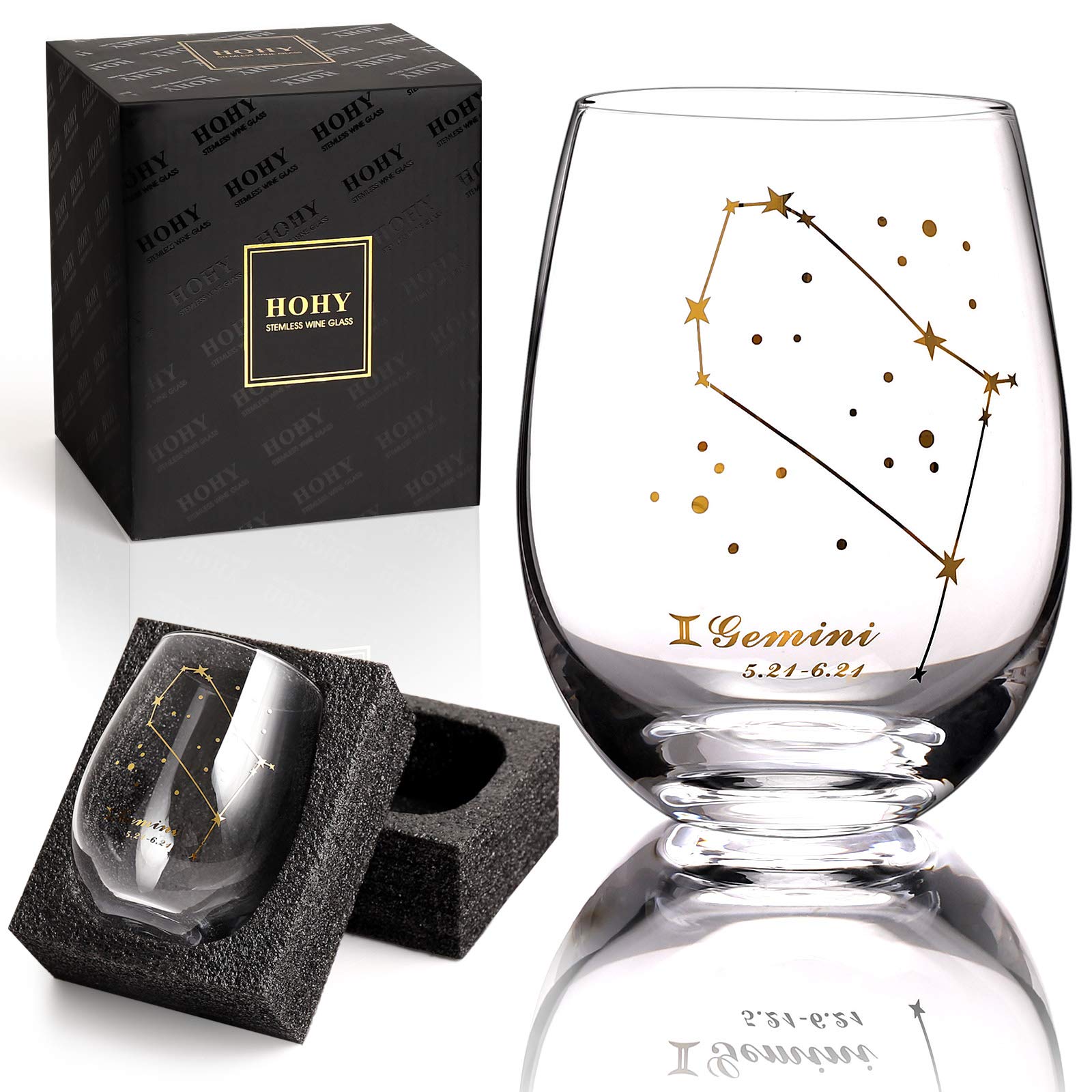 HOHY Gemini stemless 20oz glass shown with constellation motif for elegant wine sipping