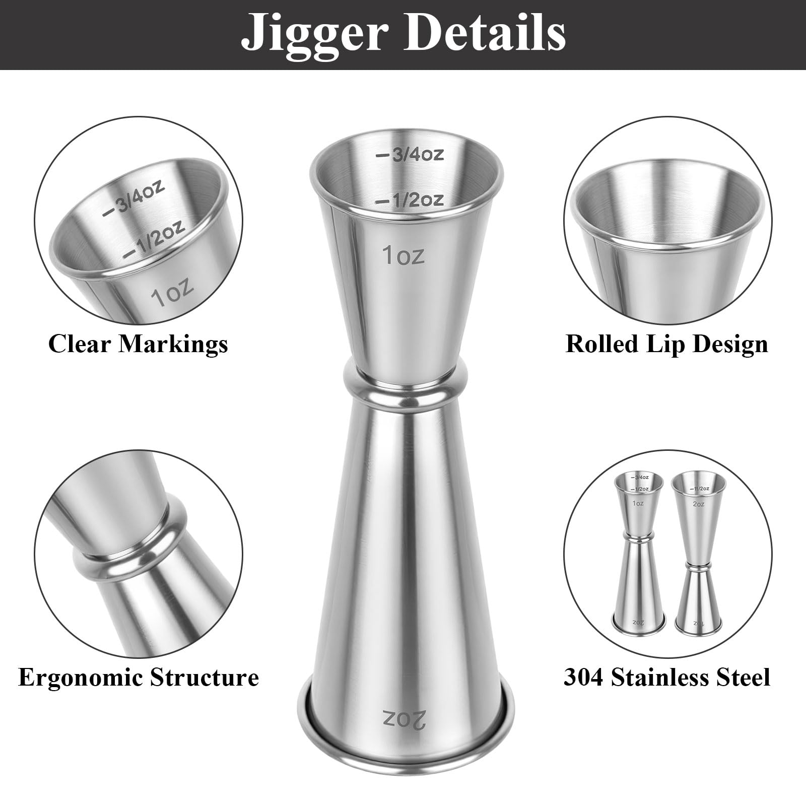 Hoiny rolled-edge jigger reduces spills during pouring