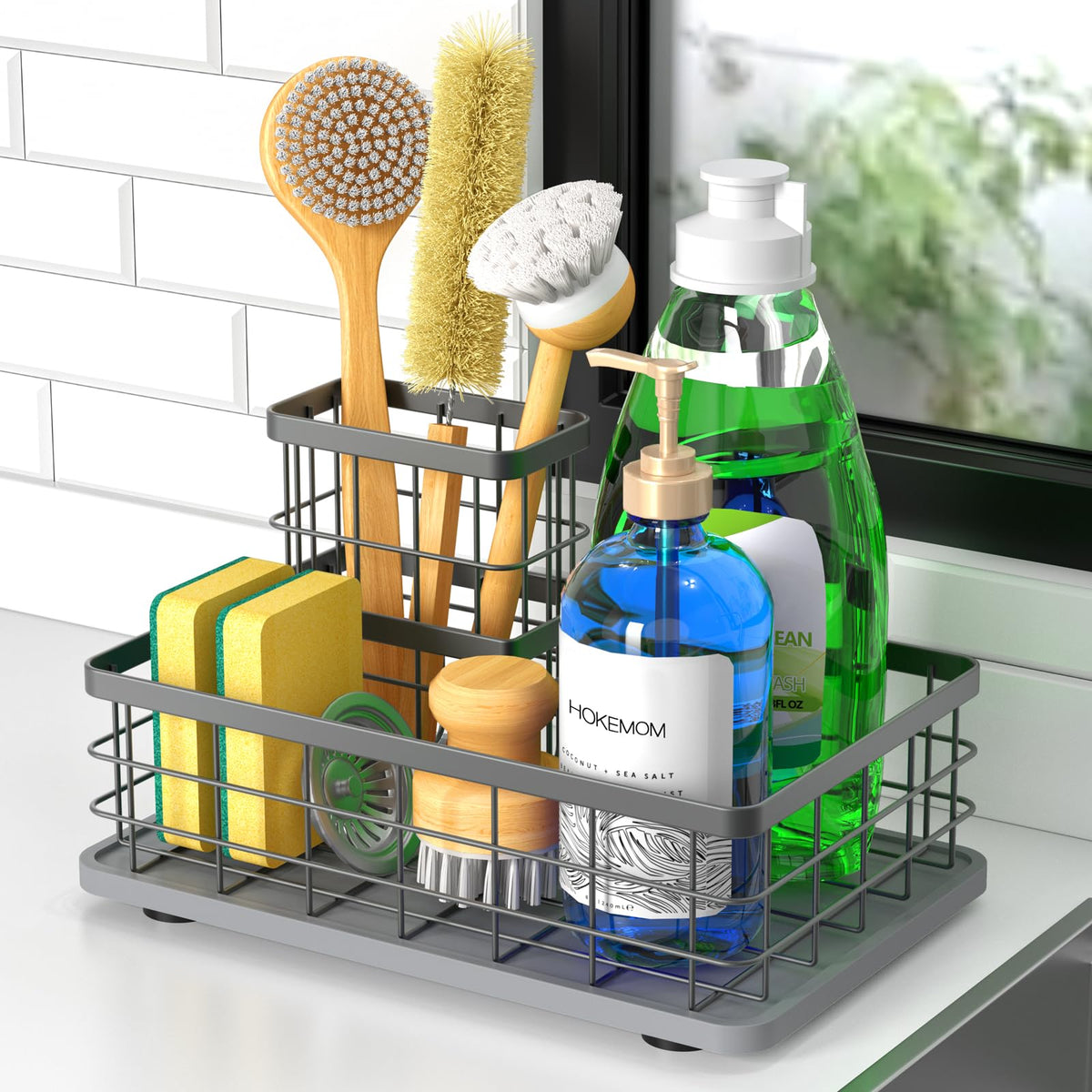 HOKEMOM large sink sponge holder with ample space for brushes.