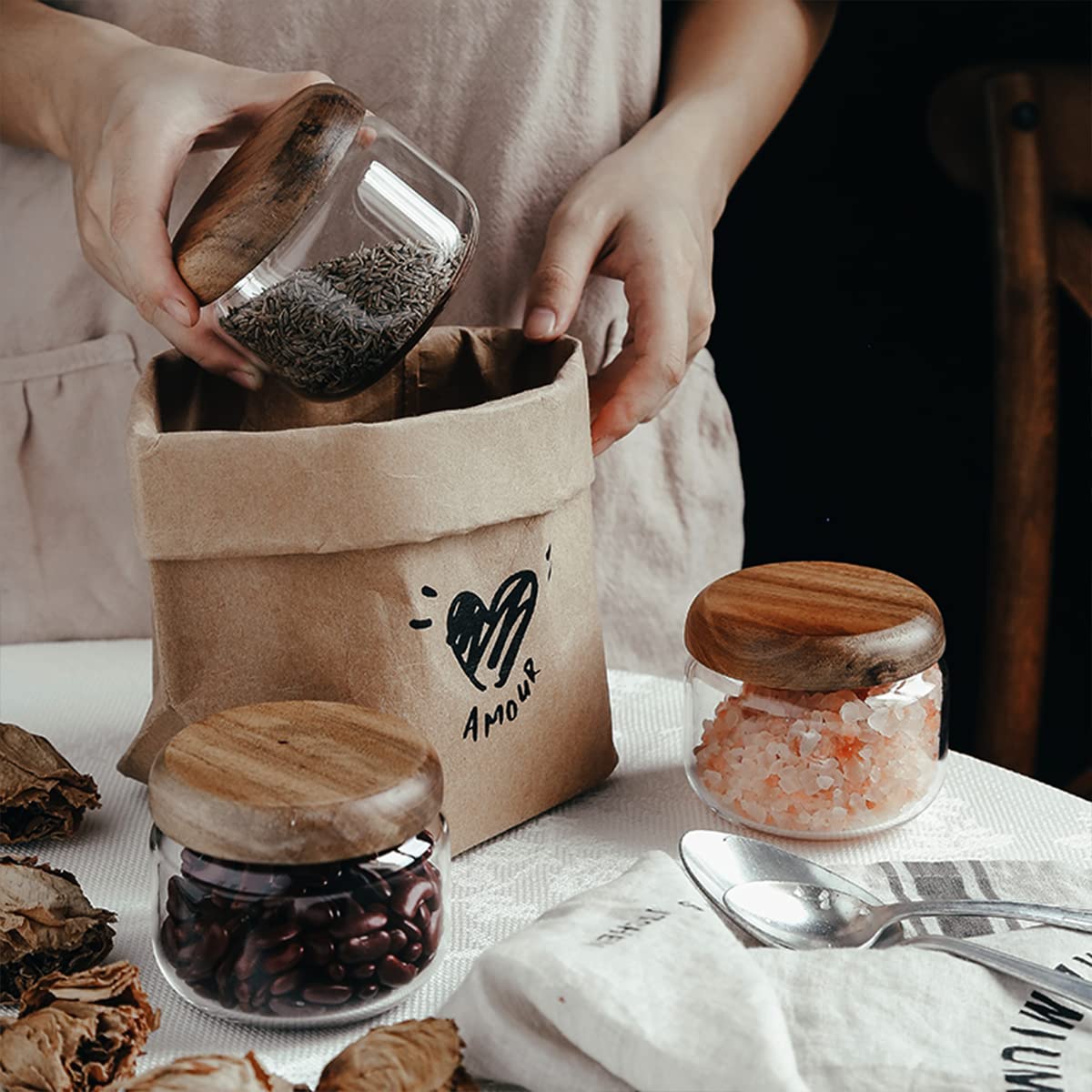 HolaJia 14oz glass jar for cereal, nuts, or snacks in a tidy pantry.