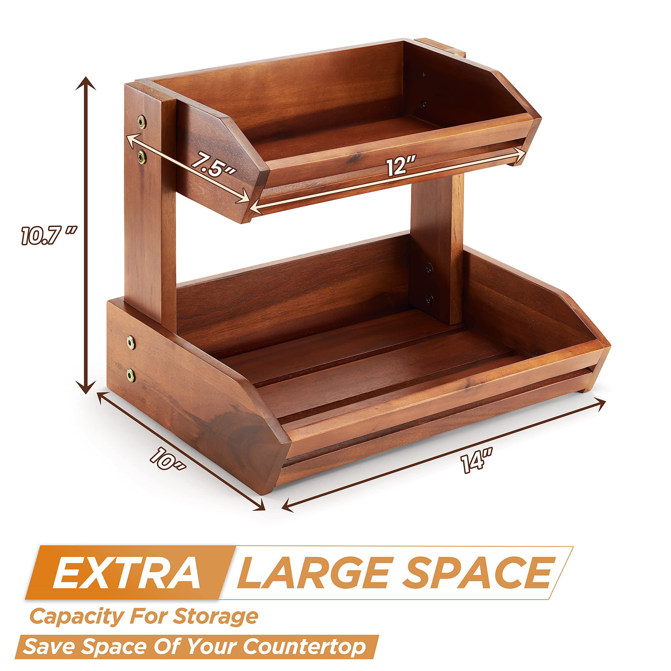 HOLANA Acacia two-tier basket side view showcasing sturdy counter display