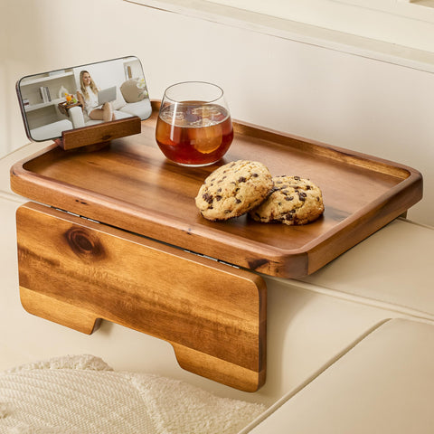 HOLANA acacia couch armrest table securely clips onto a wide sofa for easy snacking
