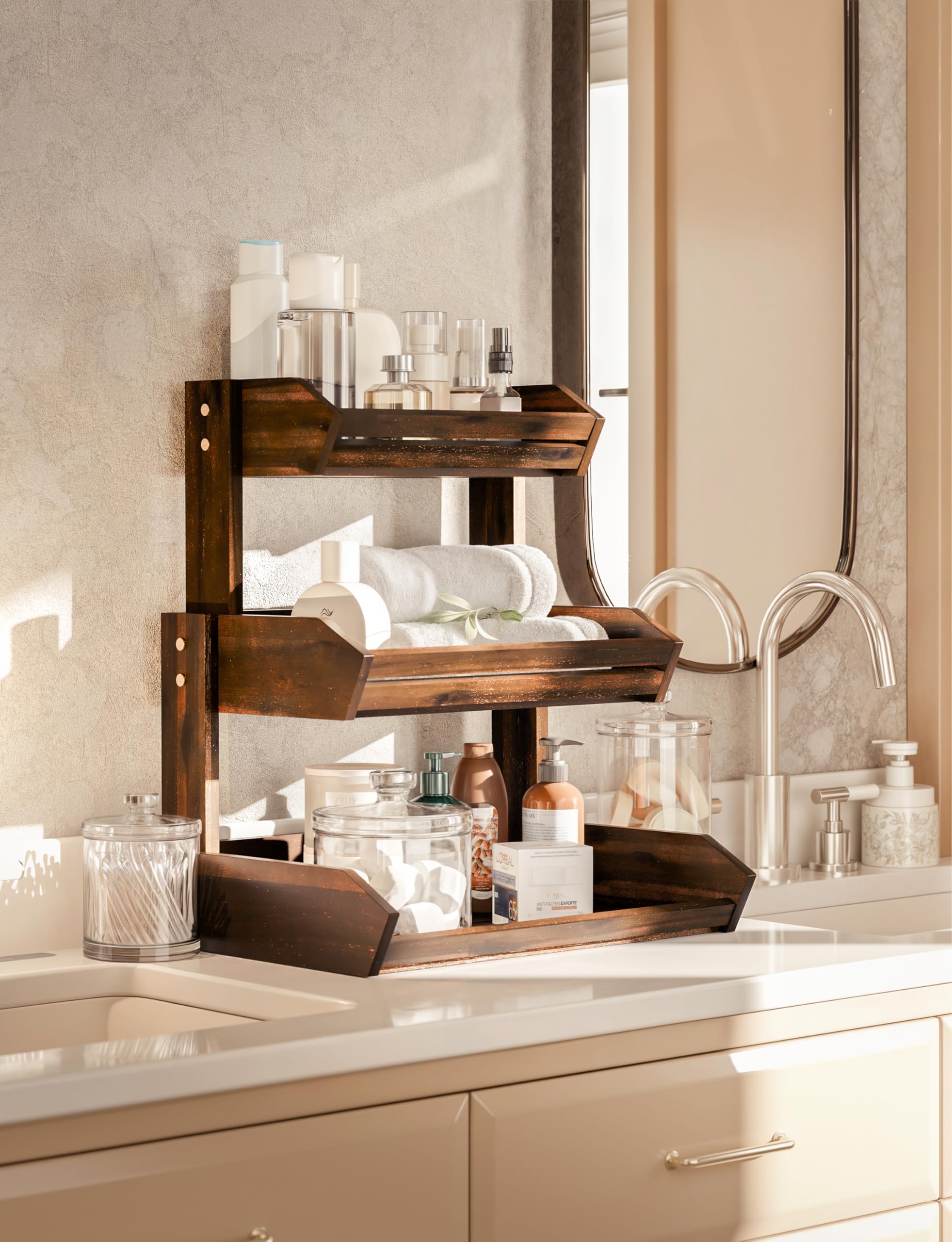 HOLANA walnut-toned fruit stand displays stacked tiers for stylish storage