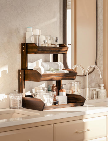 HOLANA walnut-toned fruit stand displays stacked tiers for stylish storage