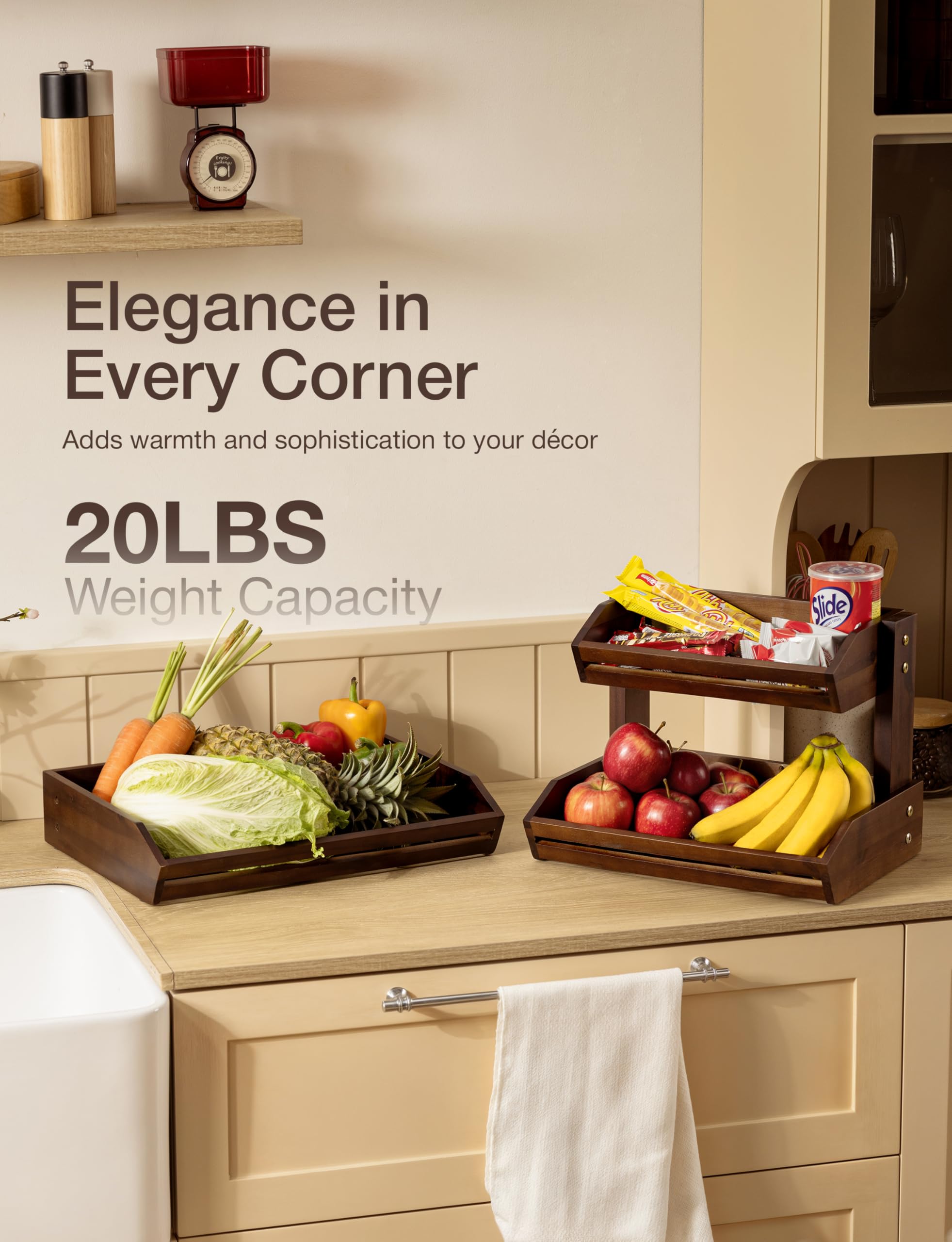 HOLANA wooden fruit basket with non-slip pads stays steady