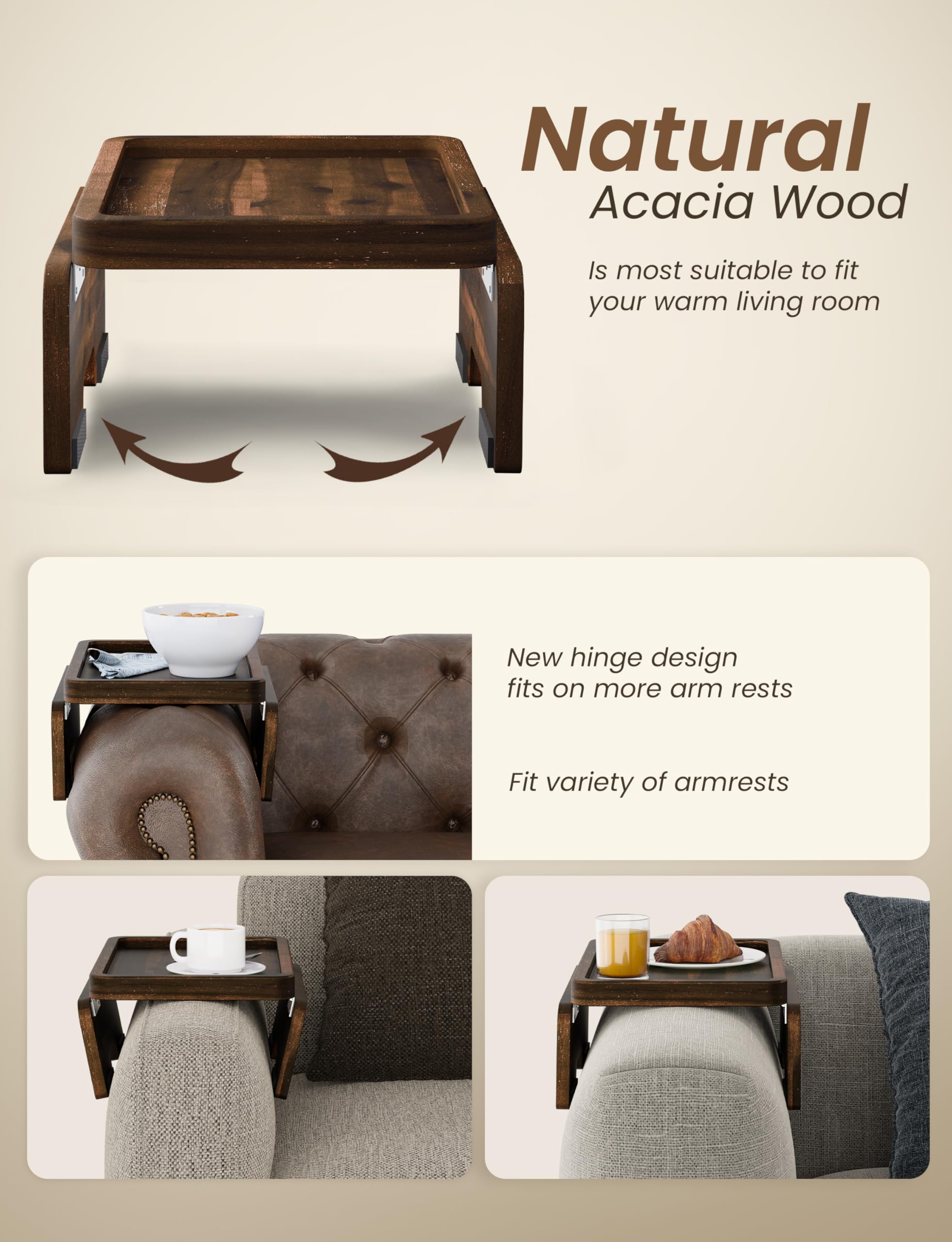 HOLANA wooden sofa side table attaches to armrest for magazine or device placement.