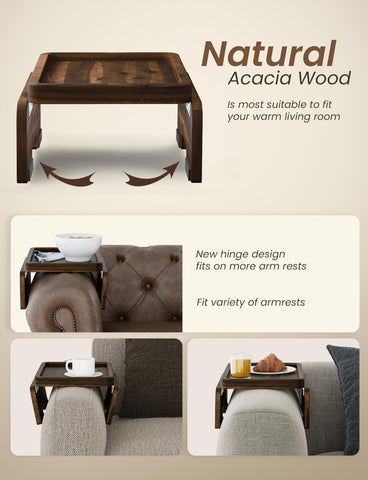 HOLANA wooden sofa side table attaches to armrest for magazine or device placement.