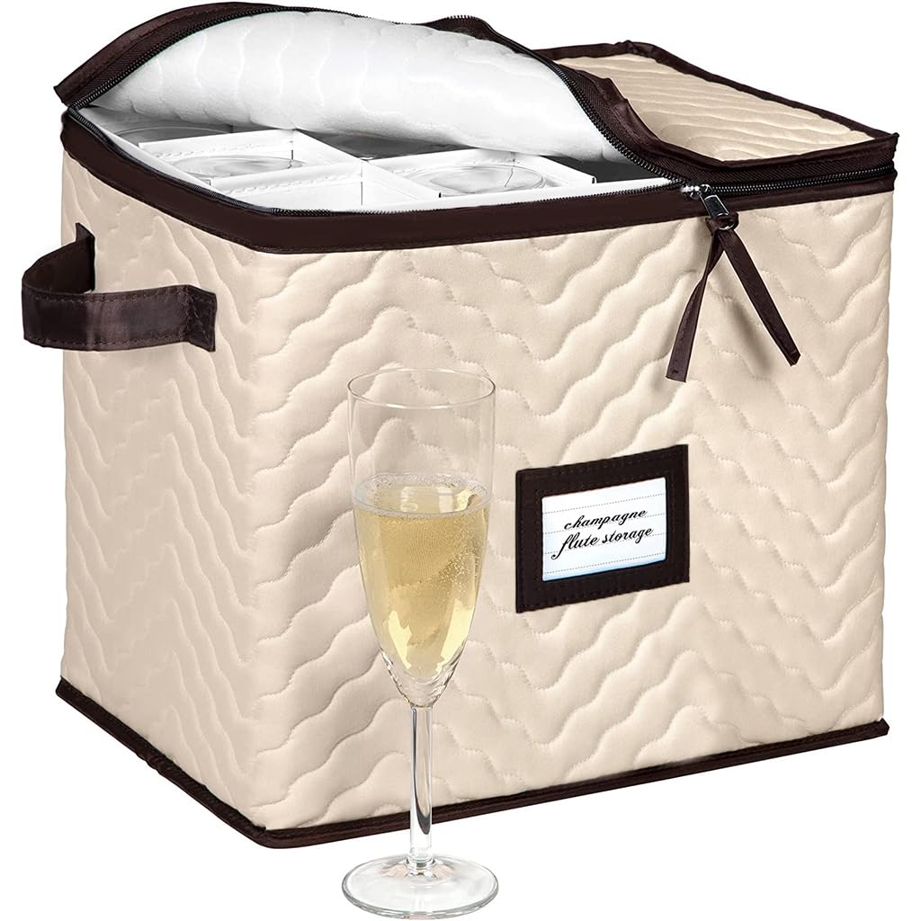 HOLDN’ STORAGE champagne flute storage box with dividers keeps stemware organized and protected.