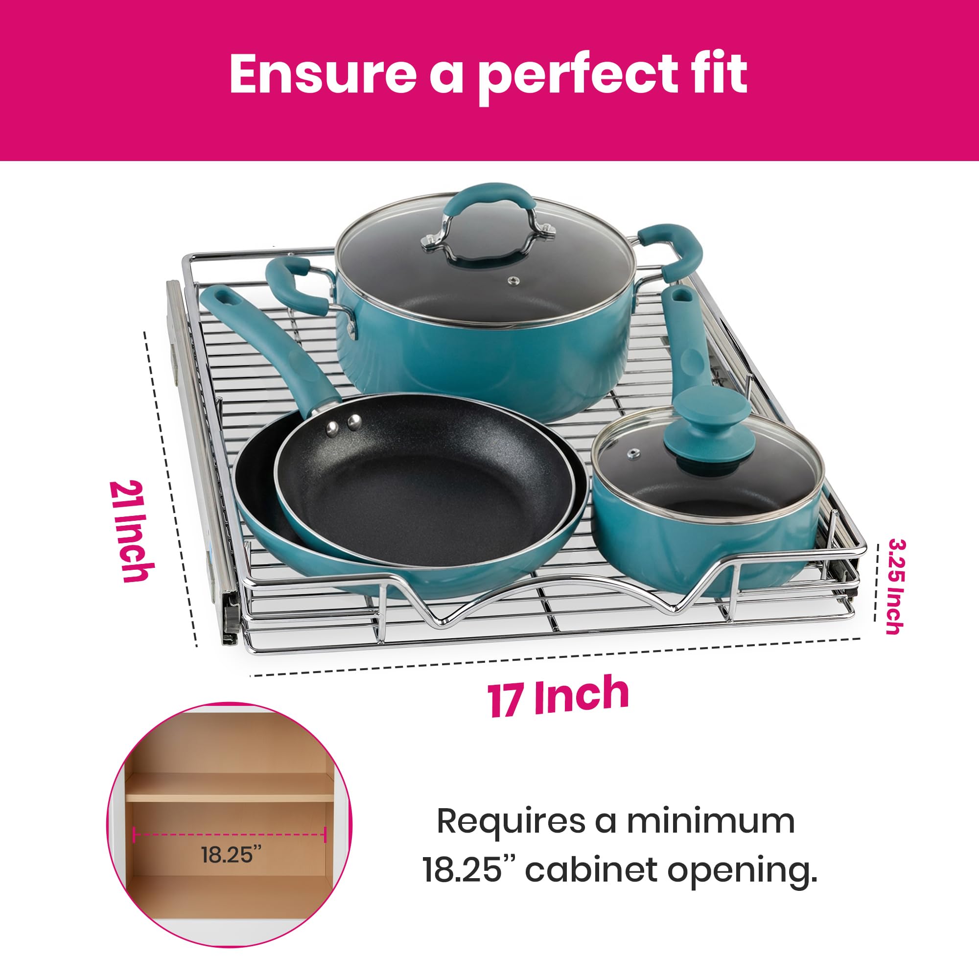 Chrome metal construction provides durable storage with a smooth glide.