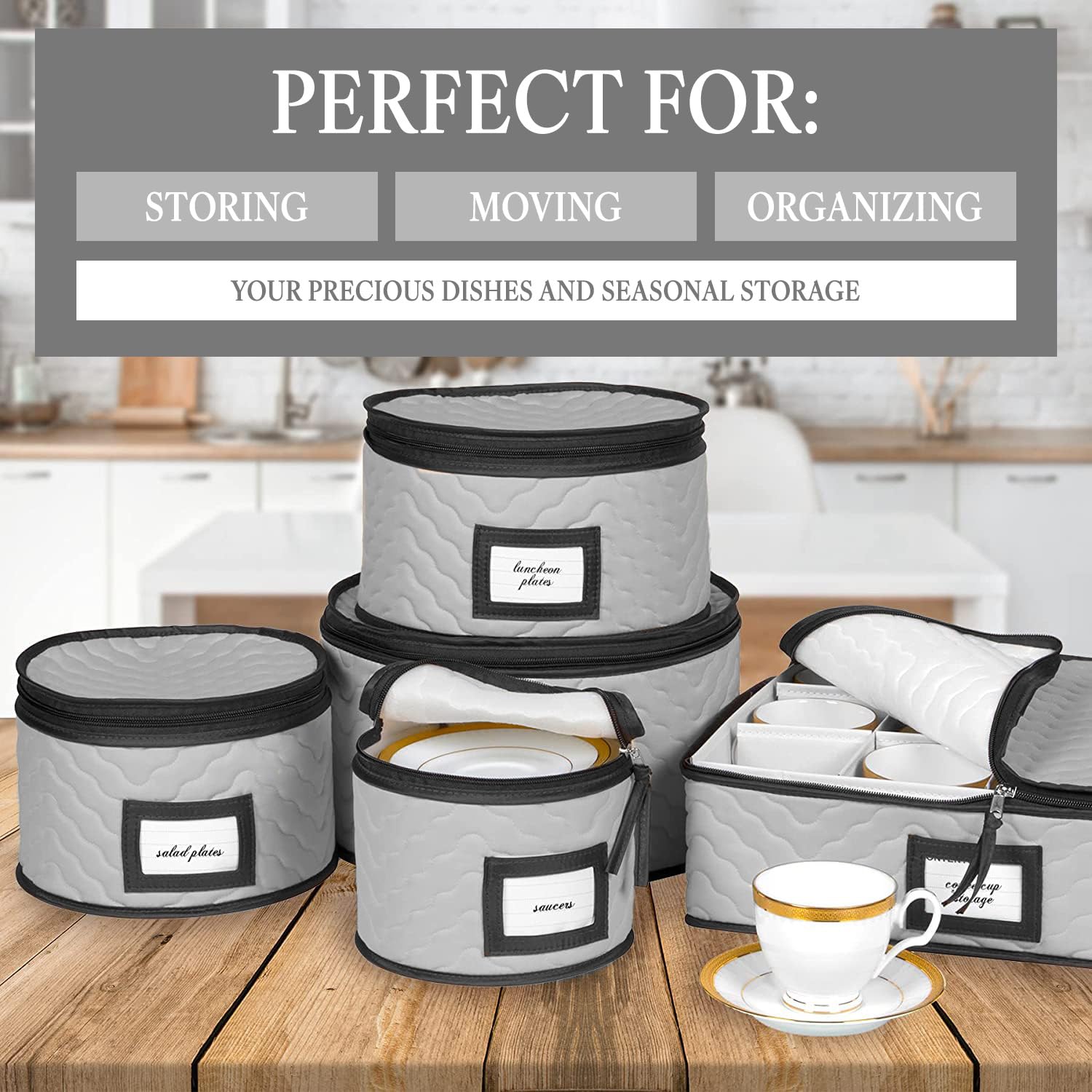 Holdn STORAGE dish organizer with quilted dividers cushions plates and glasses.