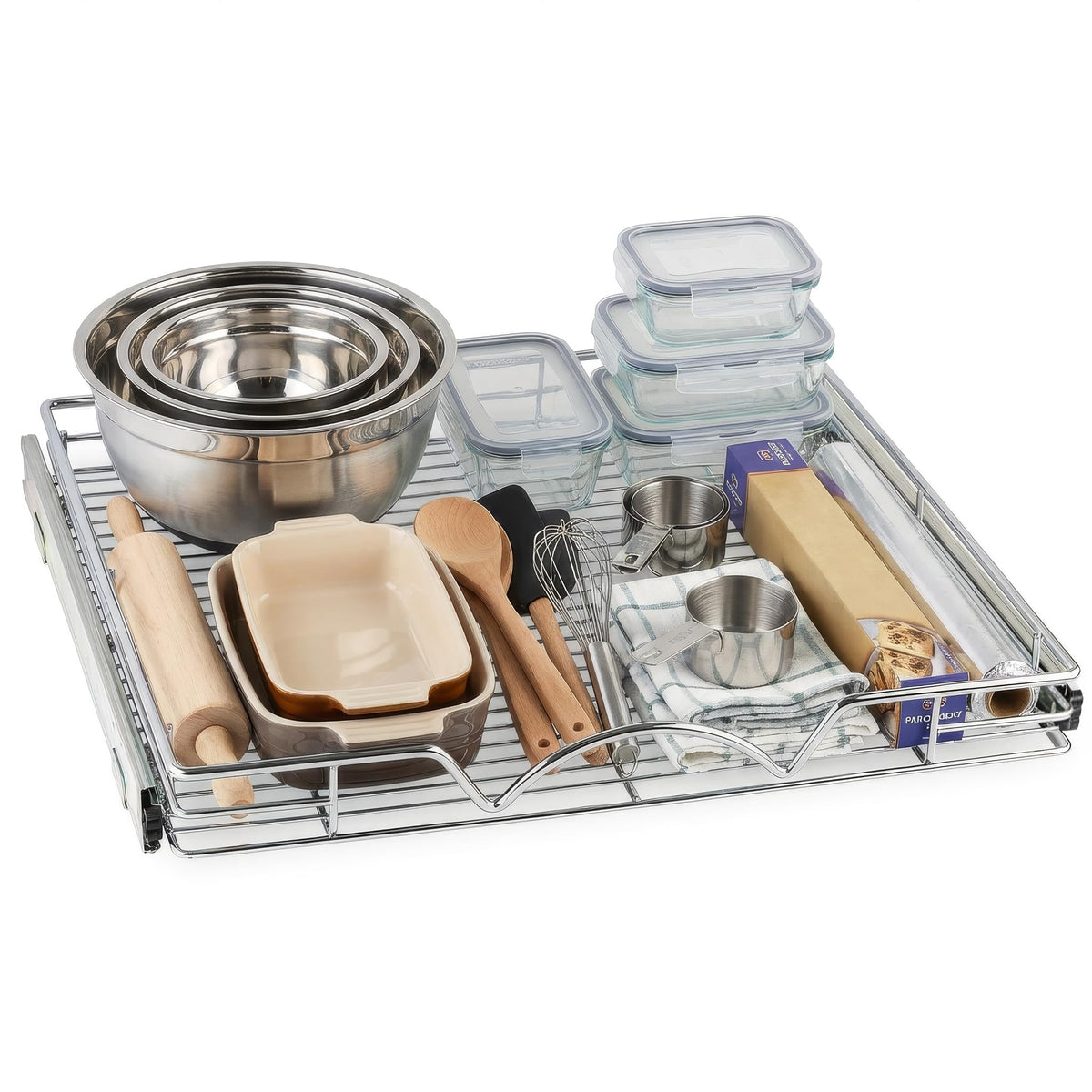 HOLDN’ STORAGE pull-out drawer with smooth slide for easy cabinet access.