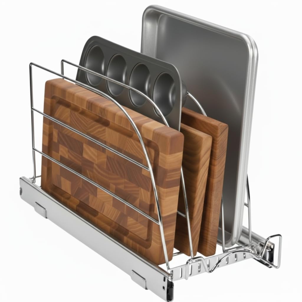 HOLDN’ STORAGE pull-out organizer for bakeware keeps sheets neatly organized and within reach