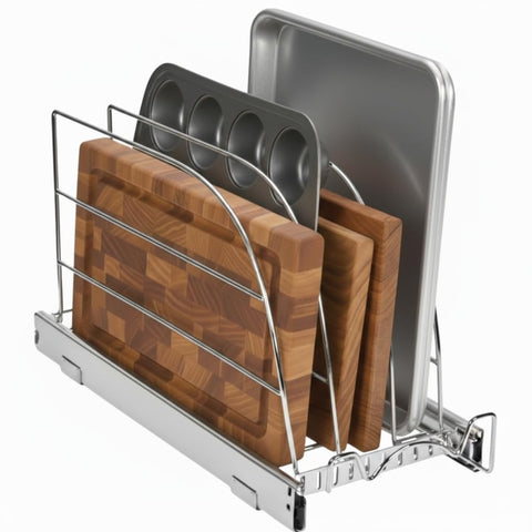 HOLDN’ STORAGE pull-out organizer for bakeware keeps sheets neatly organized and within reach