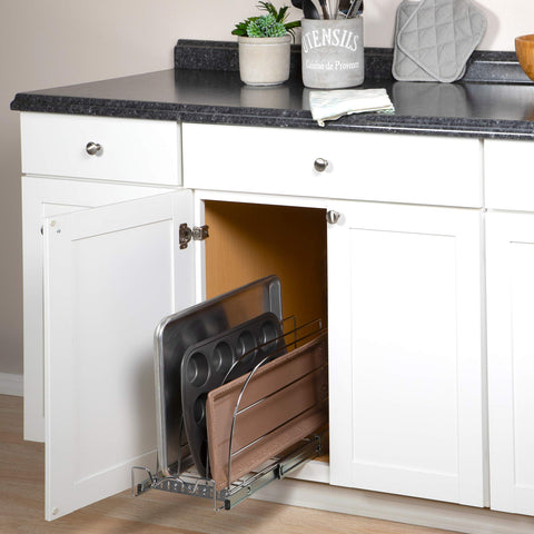 HOLDN’ STORAGE pull-out organizer for cutting boards categorizes sizes for quick access
