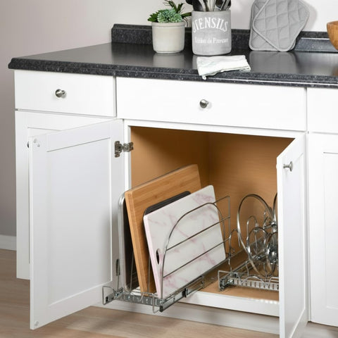 HOLDN’ STORAGE pull-out organizer for trays arranges pans for easy grabbing