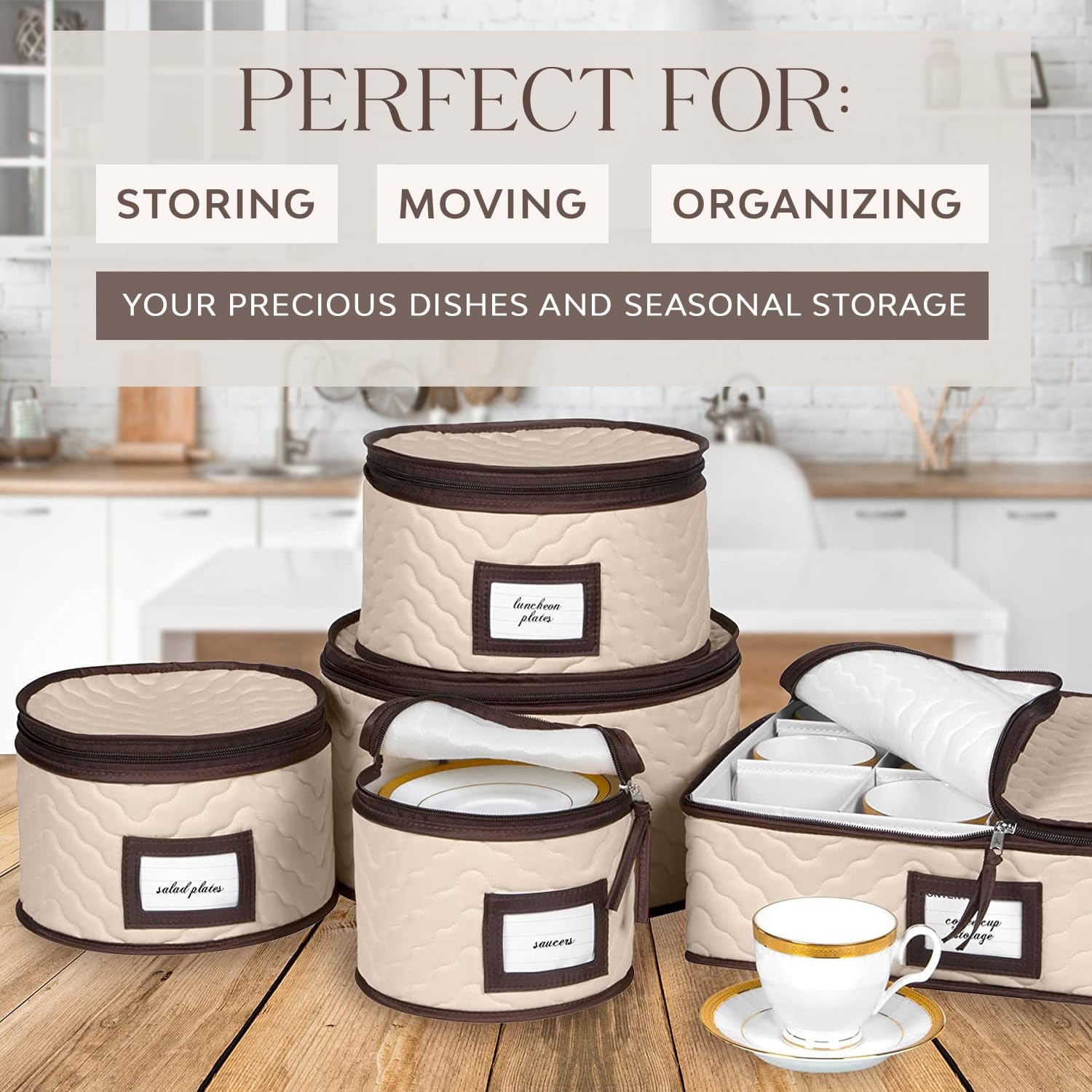 HOLDN’ STORAGE quilted microfiber dish organizer with soft dividers protects plates during storage.