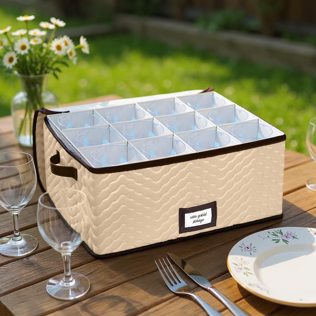 Holdn’ Storage box side view shows durable quilted microfiber and sturdy handles.