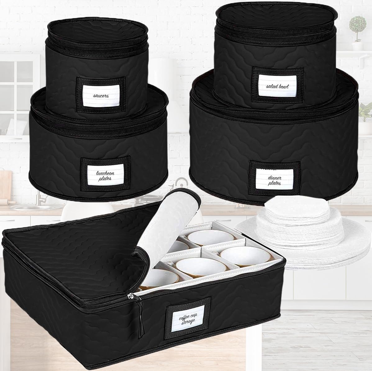 Holdnstorage 5-piece organizer set keeps seasonal tableware neatly stored.