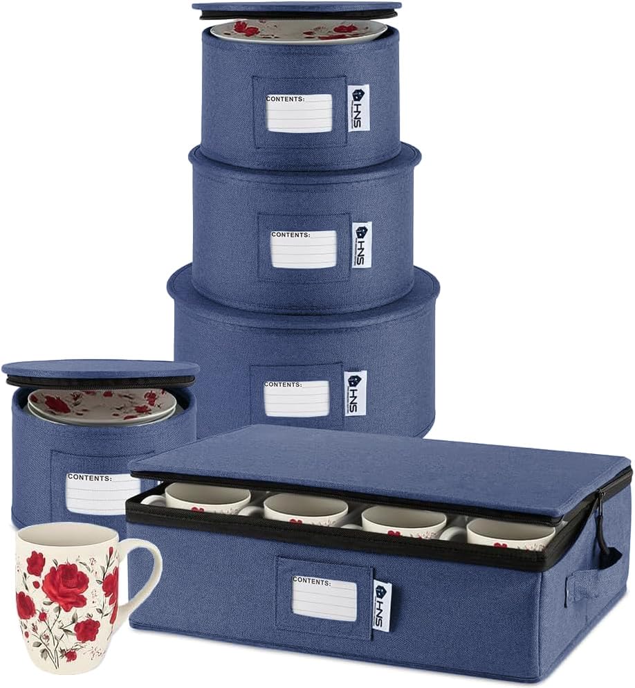 Holdn’ Storage denim blue 5-piece china container set protects delicate dinnerware during moves.