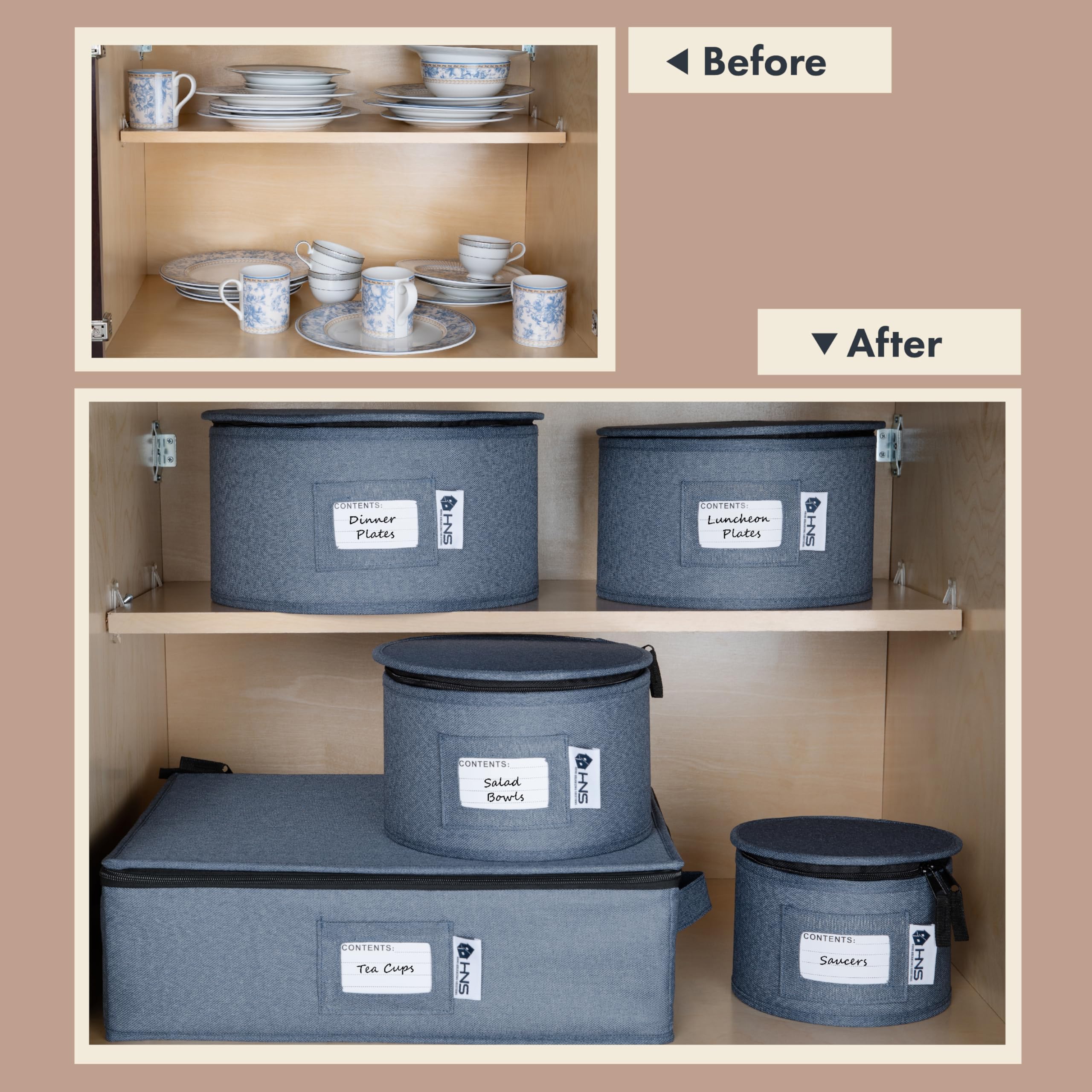 Holdn’ Storage denim blue dishware organizer for easy setup.