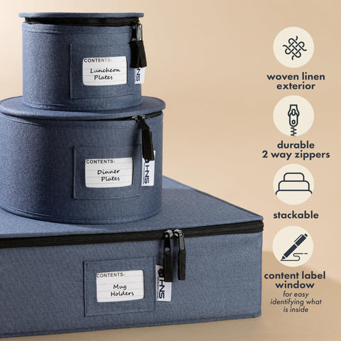 Holdn’ Storage denim blue hard-shell construction shields glassware from bumps.