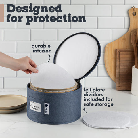 Holdn’ Storage denim blue stackable design saves cabinet space.
