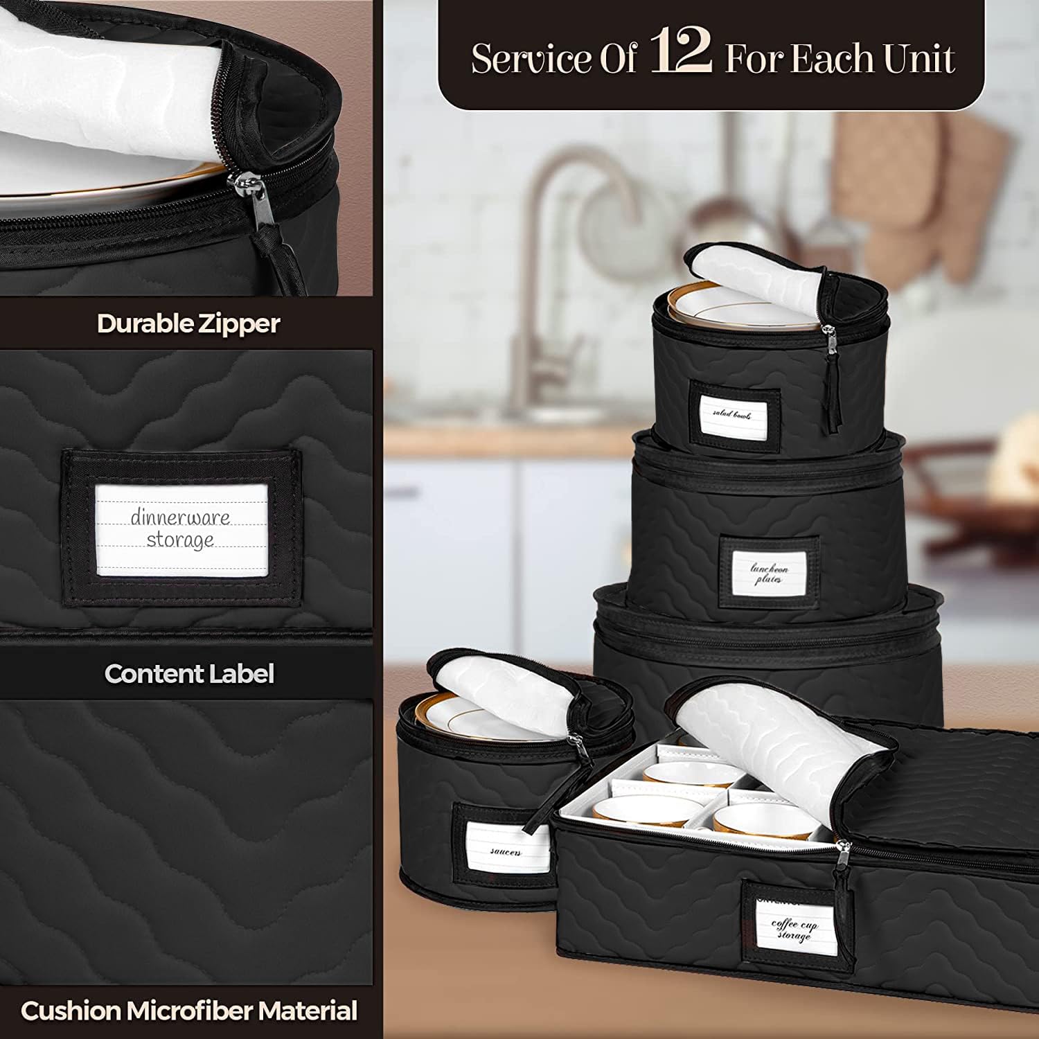 Holdnstorage fits up to 12-inch dinner plates and 13-inch mugs.
