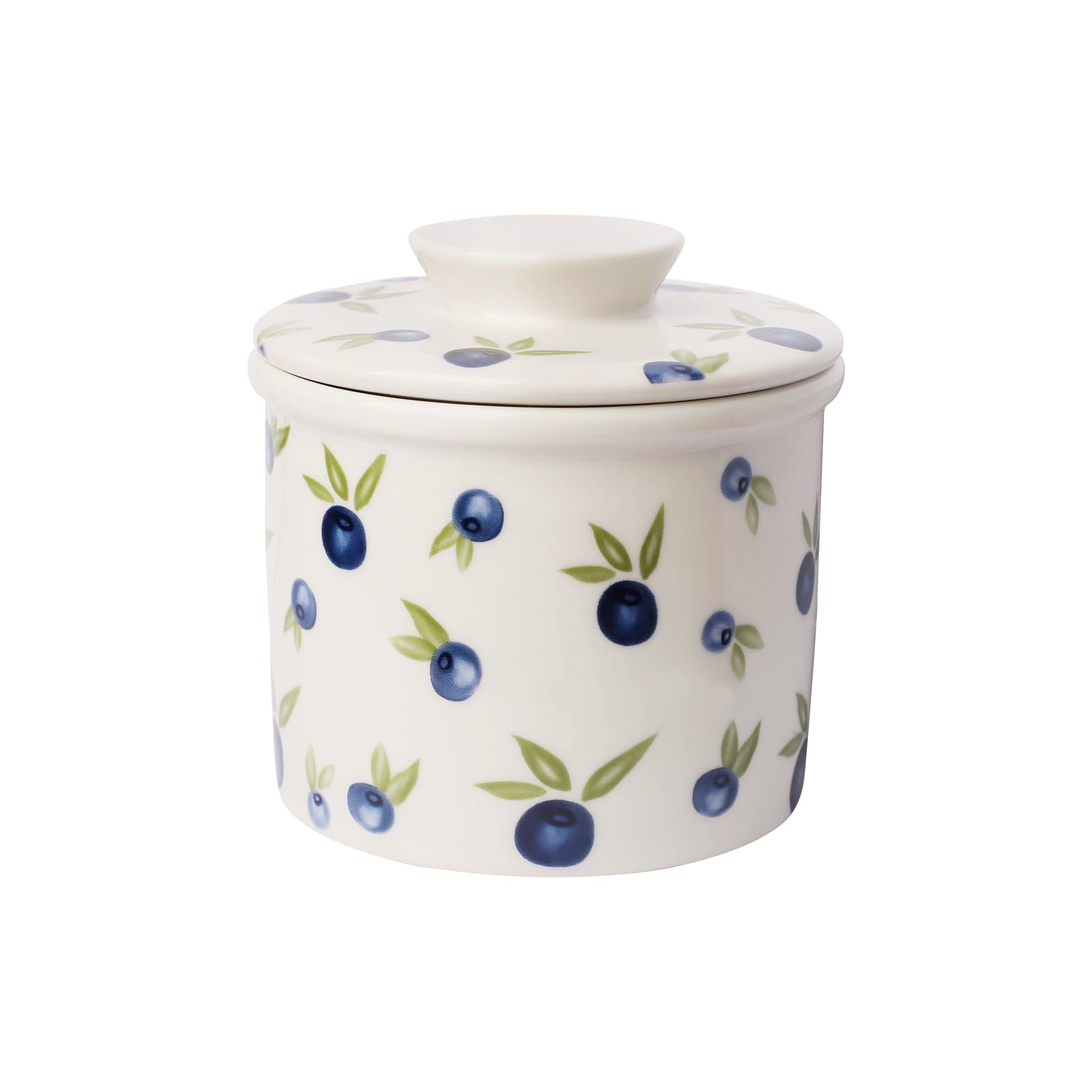 HOLIBAN butter crock on counter with blue blueberry lid keeps butter soft and ready to spread.
