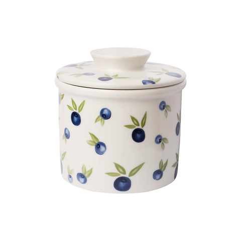 HOLIBAN butter crock on counter with blue blueberry lid keeps butter soft and ready to spread.