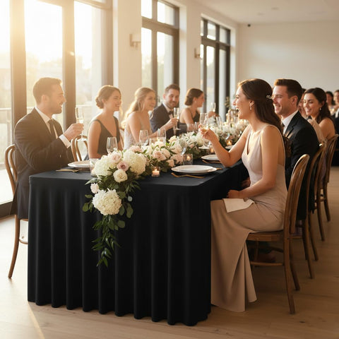 HolidayIdeas ruffle-design table skirt conceals items under the table for a polished setup.