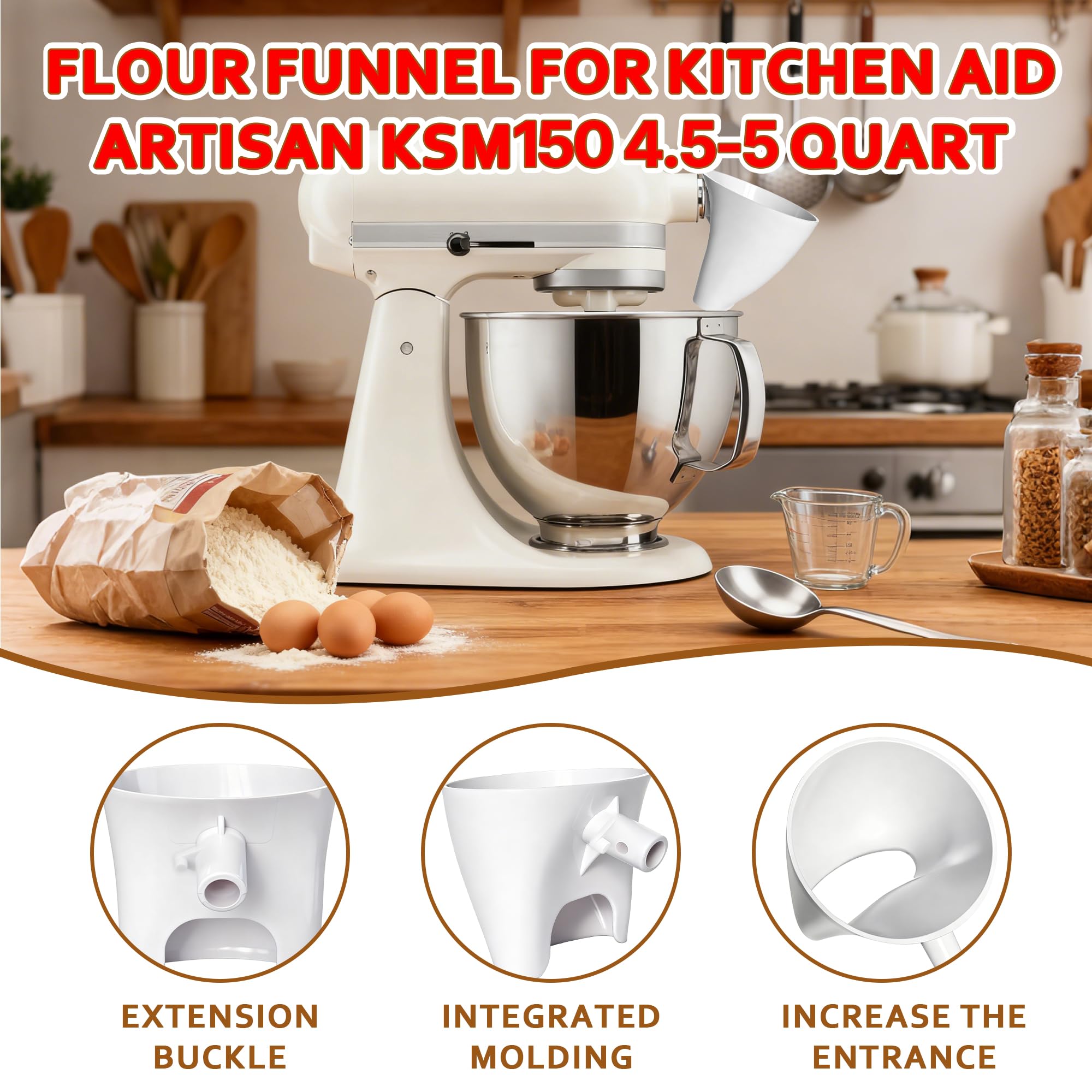 HOLIDAYMAP spill-proof funnel prevents countertop splatters during dry ingredients.