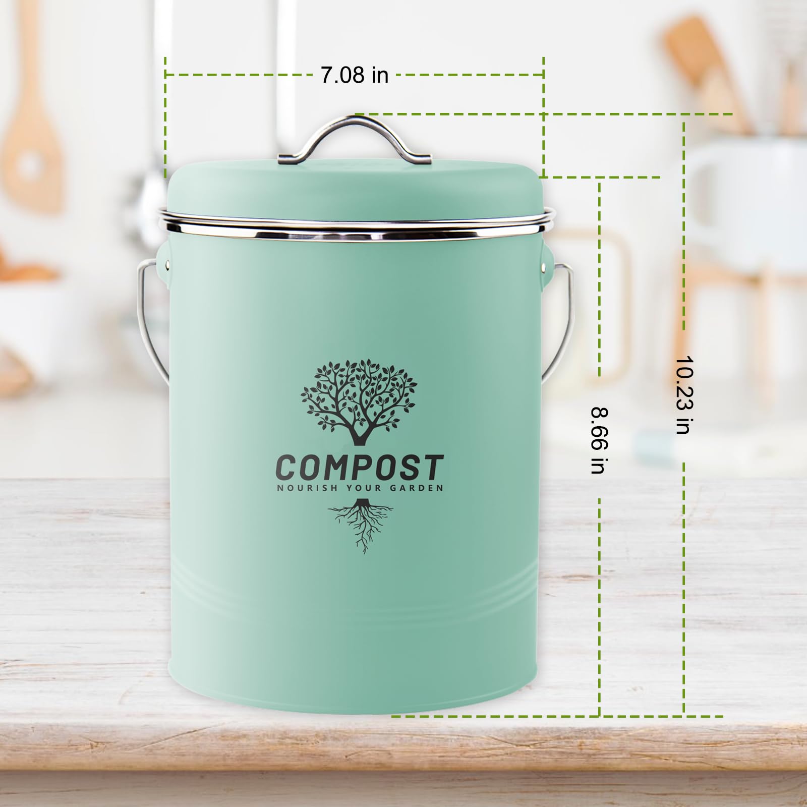 Holismo compost bin lid shows activated charcoal filter to control odors in your kitchen