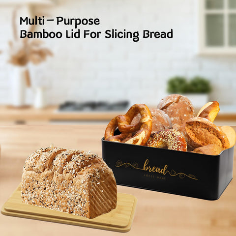 Holismo bread box helping organize bread and pantry items on the countertop.