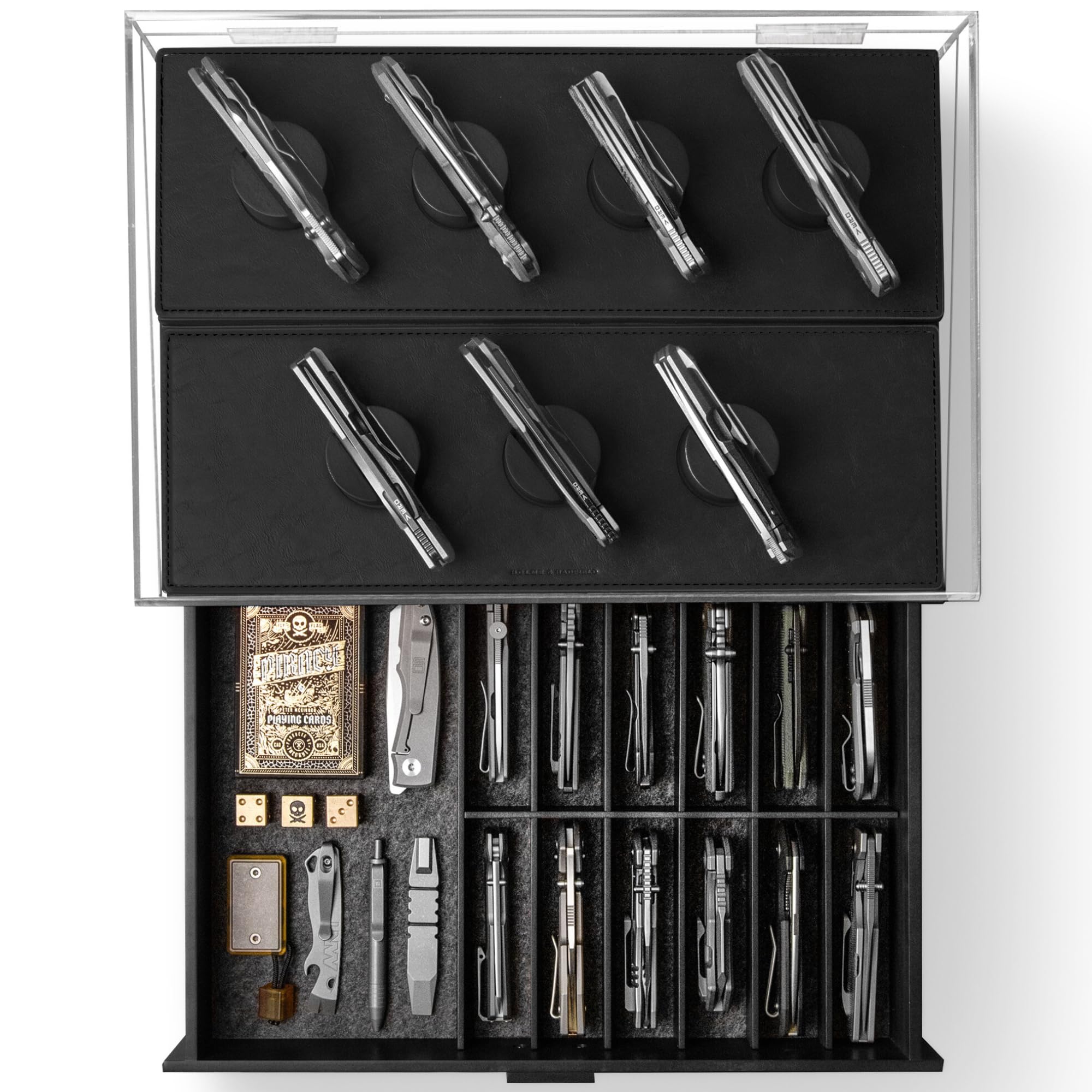 Holme & Hadfield Armory Pro front display shows organized pocket knives on a sturdy wooden stand.