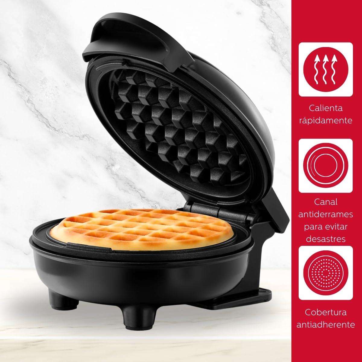 Holstein Housewares waffle maker on countertop showcases compact design for small kitchens.