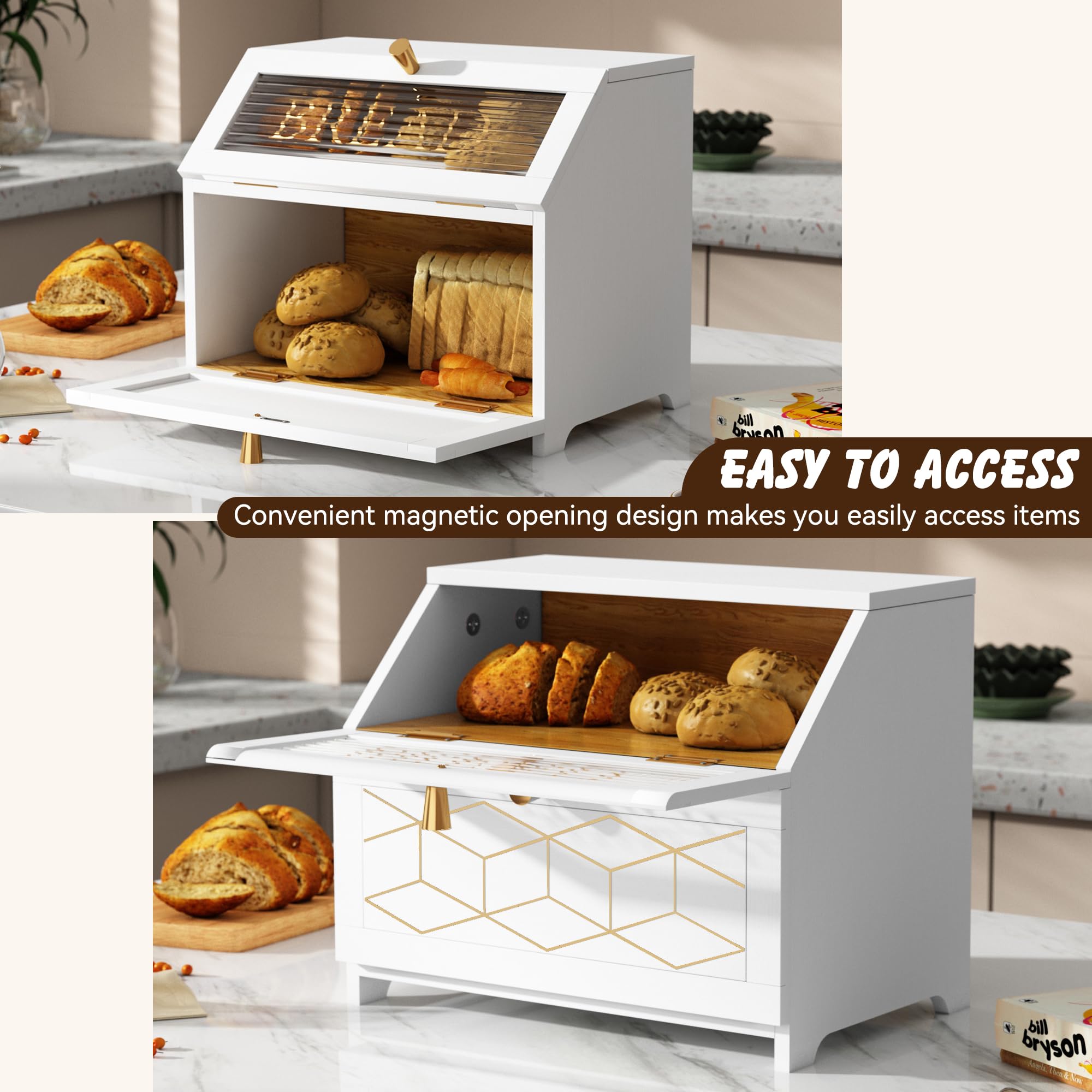 White countertop corner storage with golden trim enhances kitchen decor