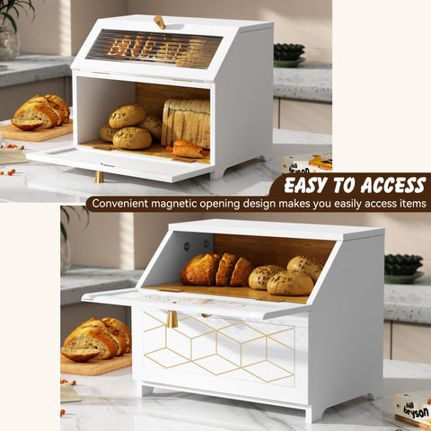 White countertop corner storage with golden trim enhances kitchen decor
