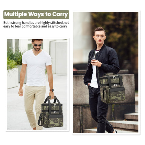 Holuxer double-deck lunch bag showing side pockets for quick access