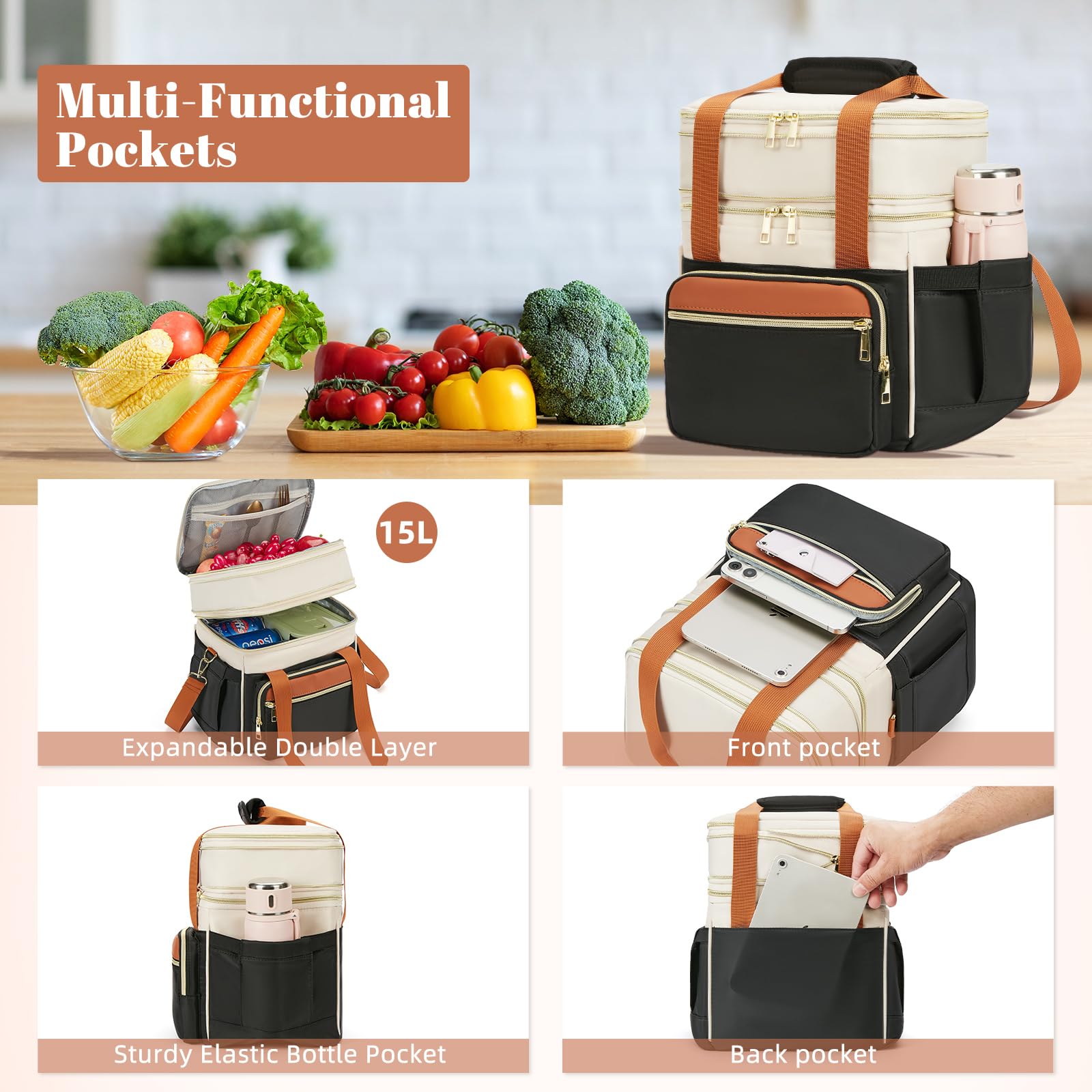 Holuxer expandable lunch bag top compartment opened to boost capacity