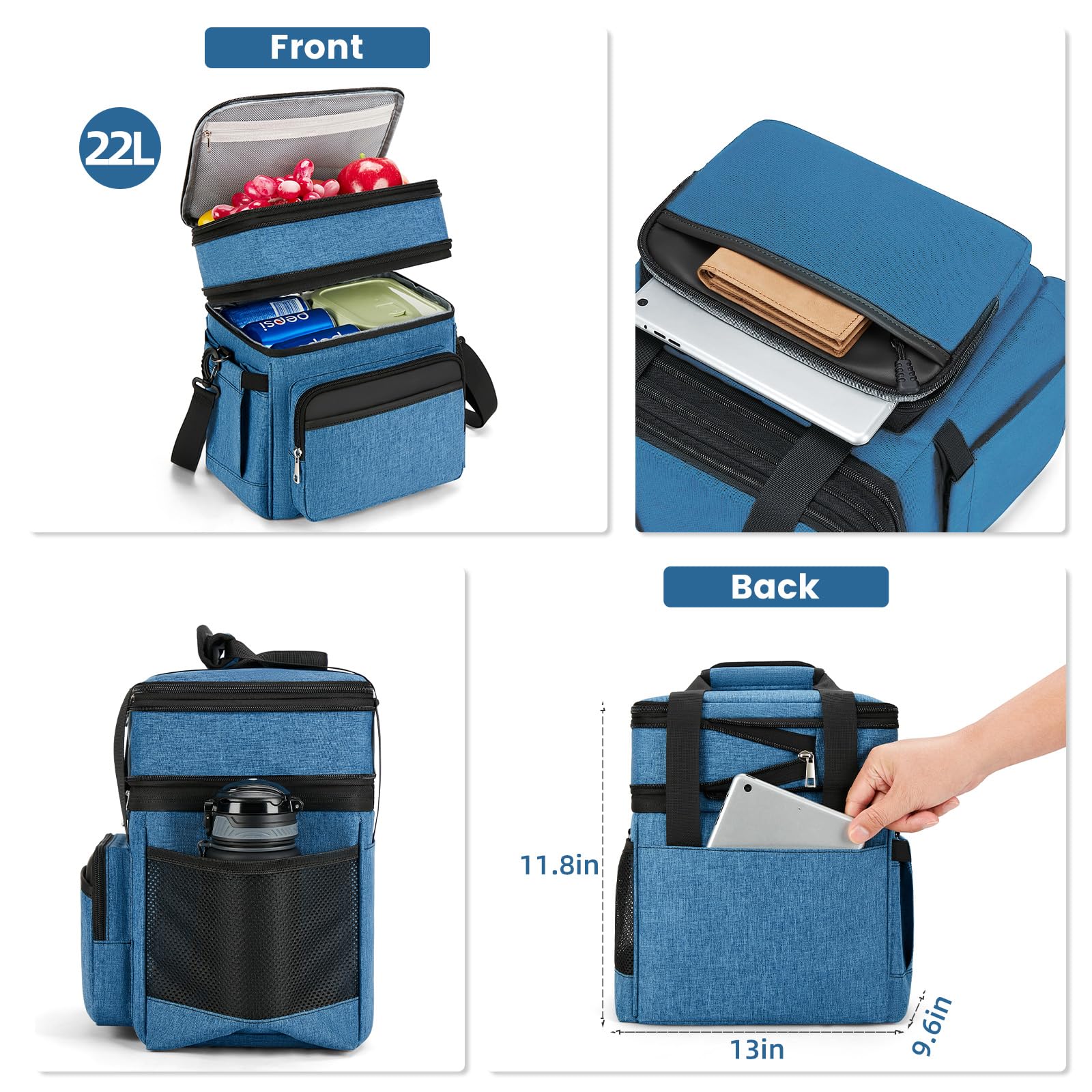 Holuxer insulated lunch bag expandable-top demonstrates expanded capacity for extra meals.