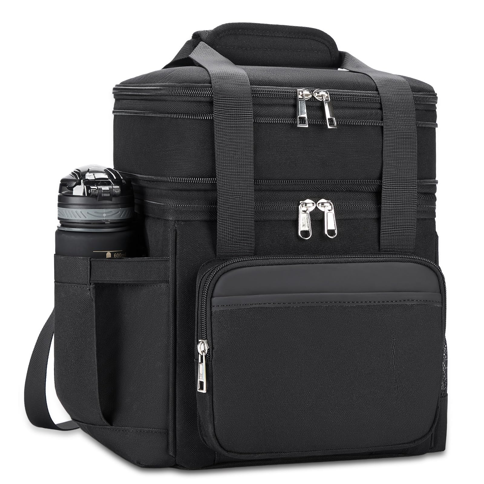 Holuxer insulated lunch bag front view with premium leather-oxford accents for urban carry