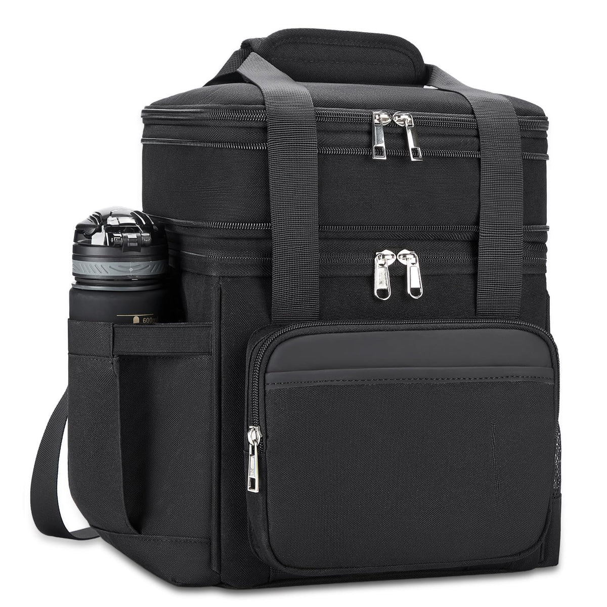 Holuxer insulated lunch bag front view with premium leather-oxford accents for urban carry