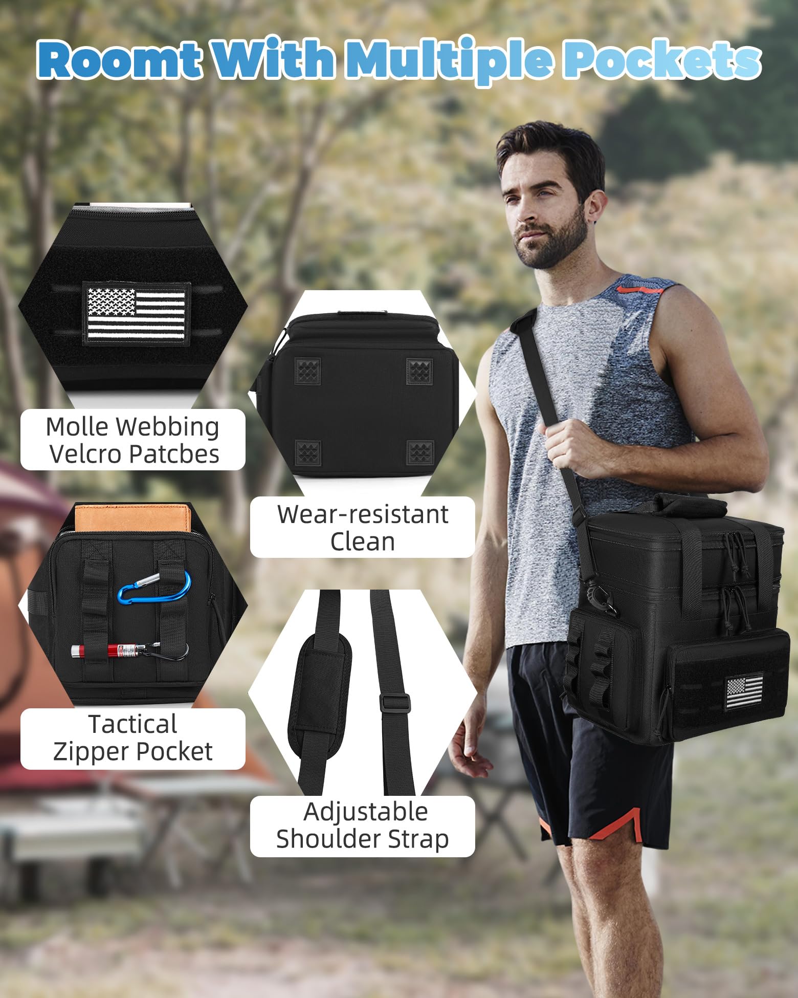 Holuxer Tactical Lunch Bag expandable side panel increases capacity.