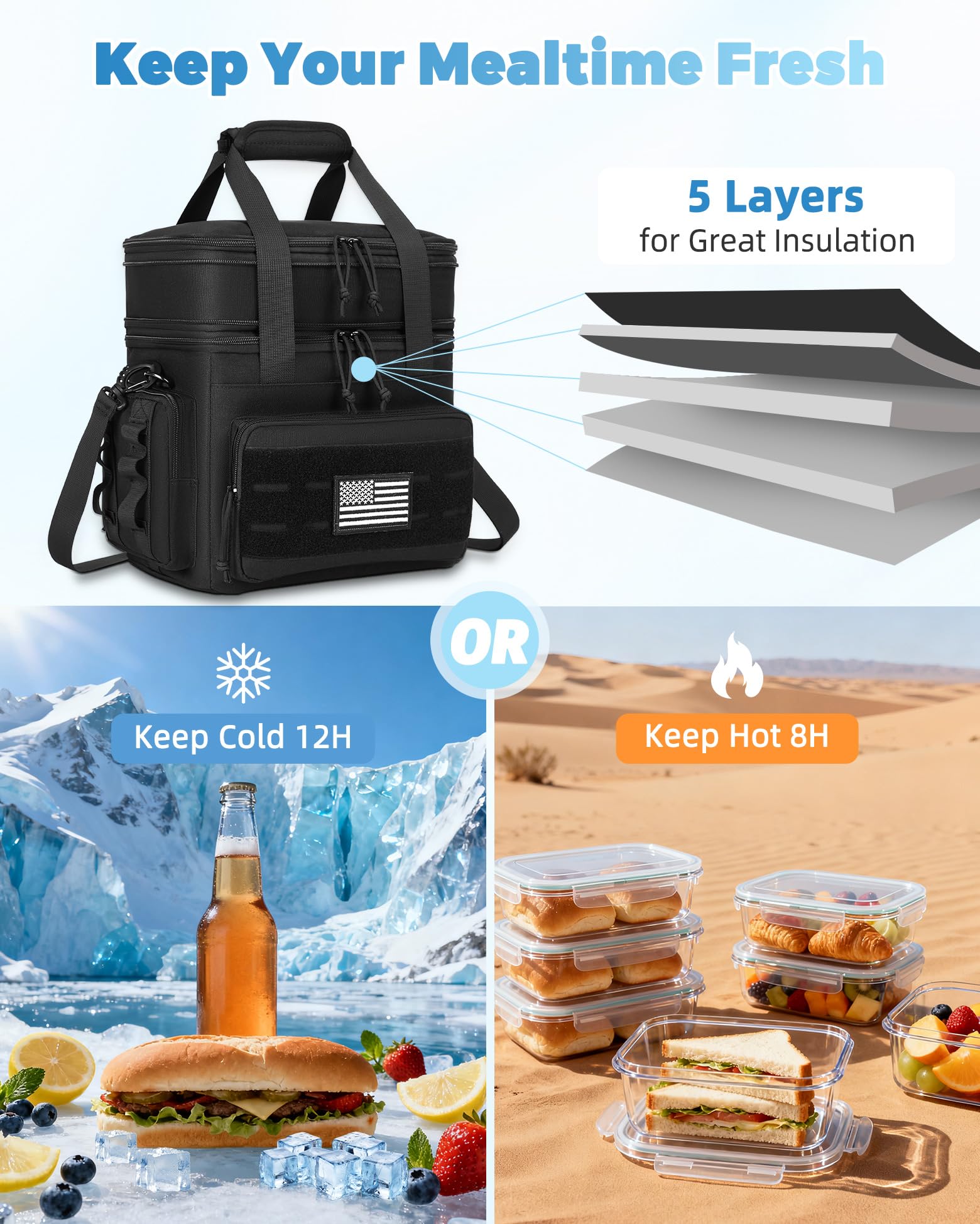 Holuxer Tactical Lunch Bag adjustable shoulder strap enables hands-free carrying.
