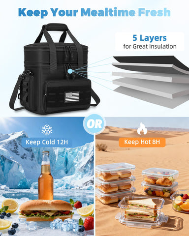 Holuxer Tactical Lunch Bag adjustable shoulder strap enables hands-free carrying.