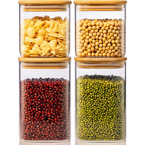 HomArtist 42oz square glass jar with bamboo lid, front view for easy cereal storage.