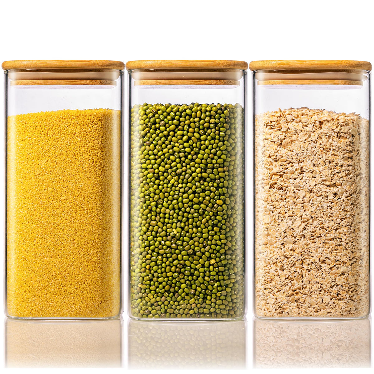 HomArtist 57oz square glass jars with bamboo lids for pantry organization and freshness.